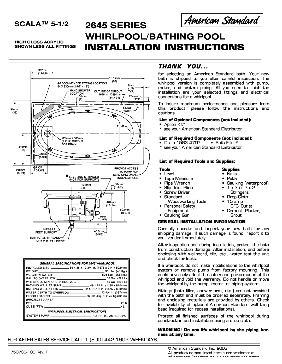 American Standard 2645 Series installation instructions Series Whirlpool/Bathing Pool, Installation Instructions, Tools 