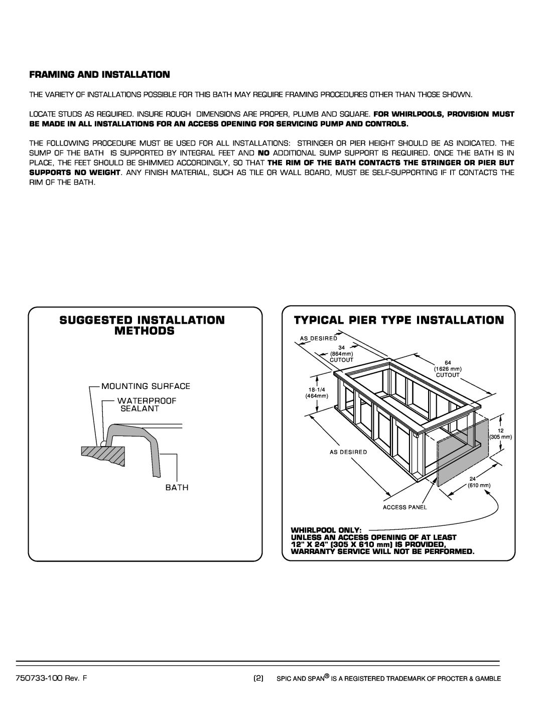 American Standard 2645 Series Suggested Installation Methods, Typical Pier Type Installation, Framing And Installation 