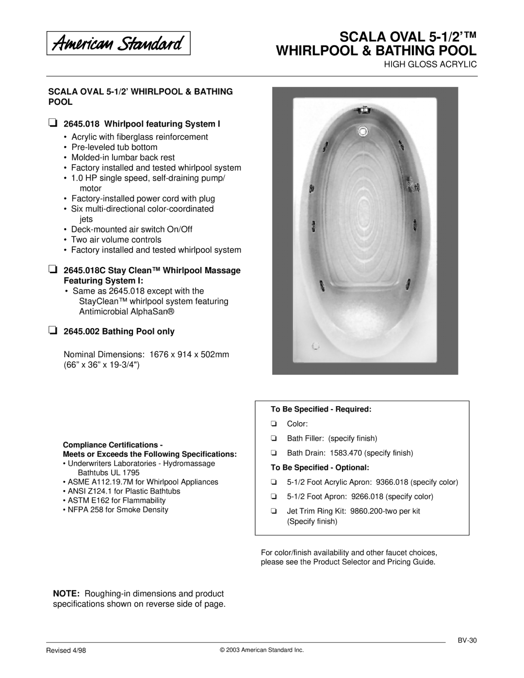 American Standard dimensions Whirlpool featuring System, 2645.018C Stay Clean Whirlpool Massage Featuring System 