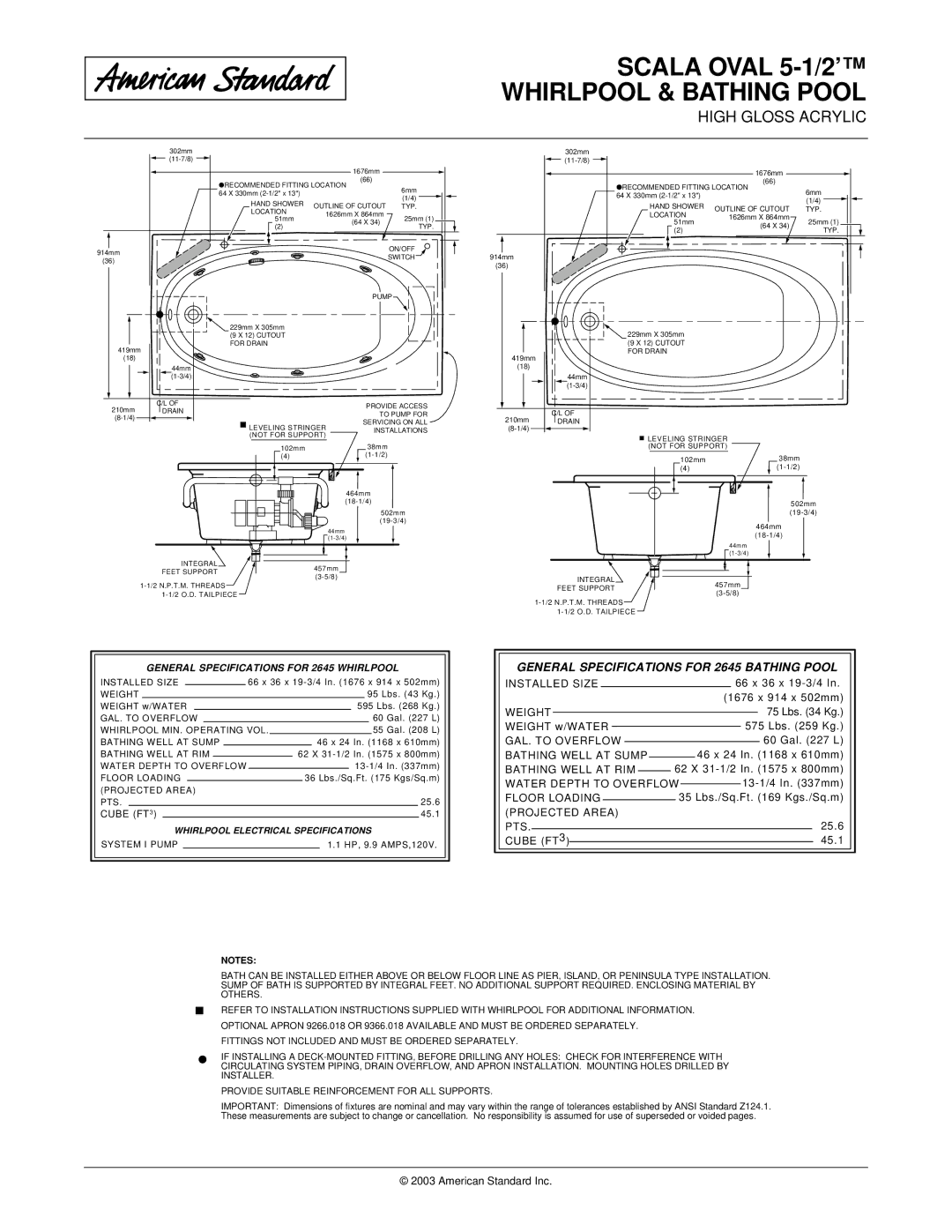 American Standard 2645.002, 2645.018C dimensions General Specifications for 2645 Bathing Pool 