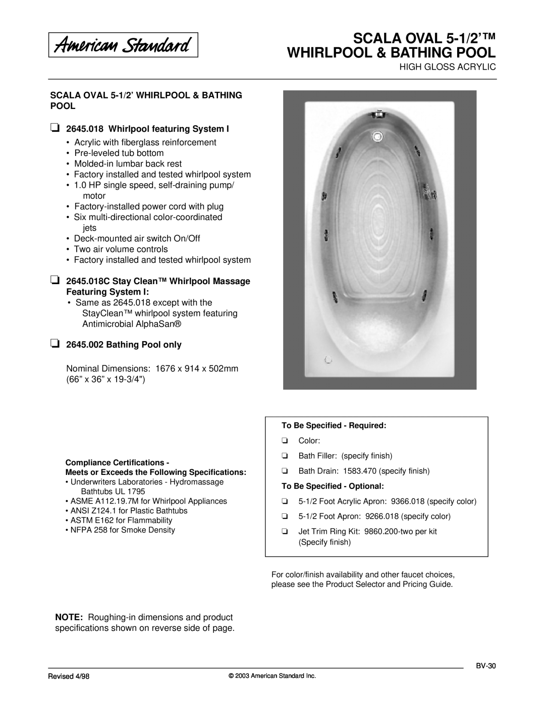 American Standard 2645.018C, 2645.002 dimensions SCALA OVAL 5-1/2’ WHIRLPOOL & BATHING POOL, Whirlpool featuring System 