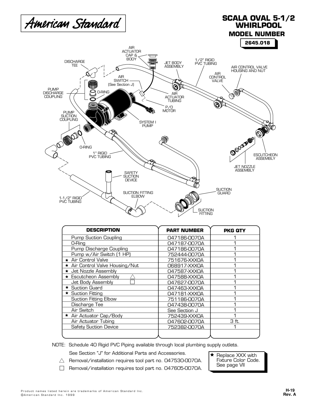 American Standard 2645.018 manual Whirlpool, Model Number, Description Part Number 