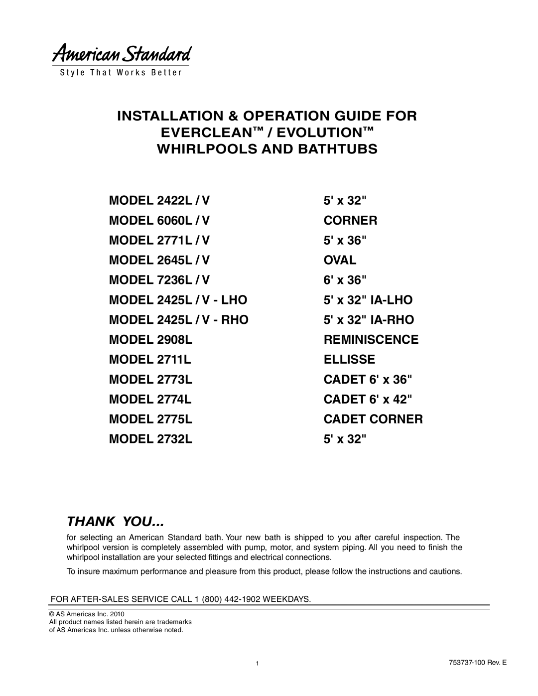 American Standard 2422L / V, 2645L / V, 2774L, 2908L, 2732L, 2425L / V, 7236L / V, 2771L / V manual Thank YOU 