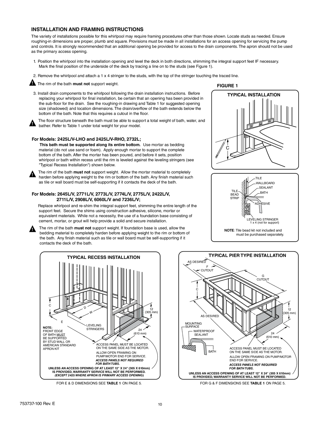 American Standard 2774L, 2645L / V Installation and Framing Instructions, For Models 2425L/V-LHO and 2425L/V-RHO, 2732L 