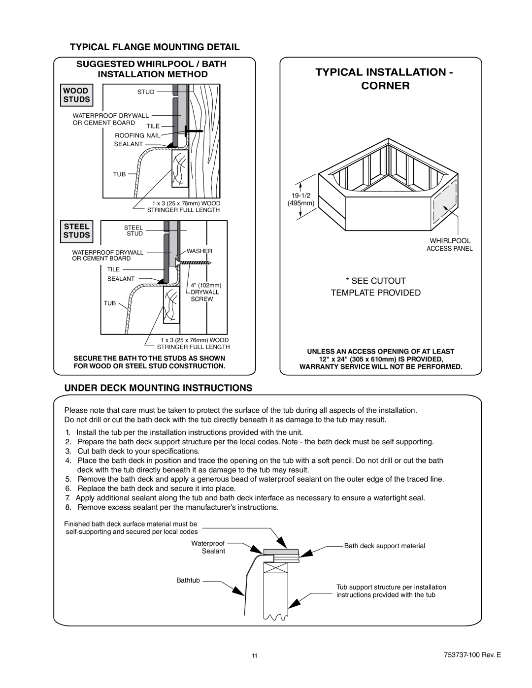 American Standard 2908L, 2645L / V, 2422L / V, 2774L, 2732L Typical Flange Mounting Detail, Under Deck Mounting Instructions 