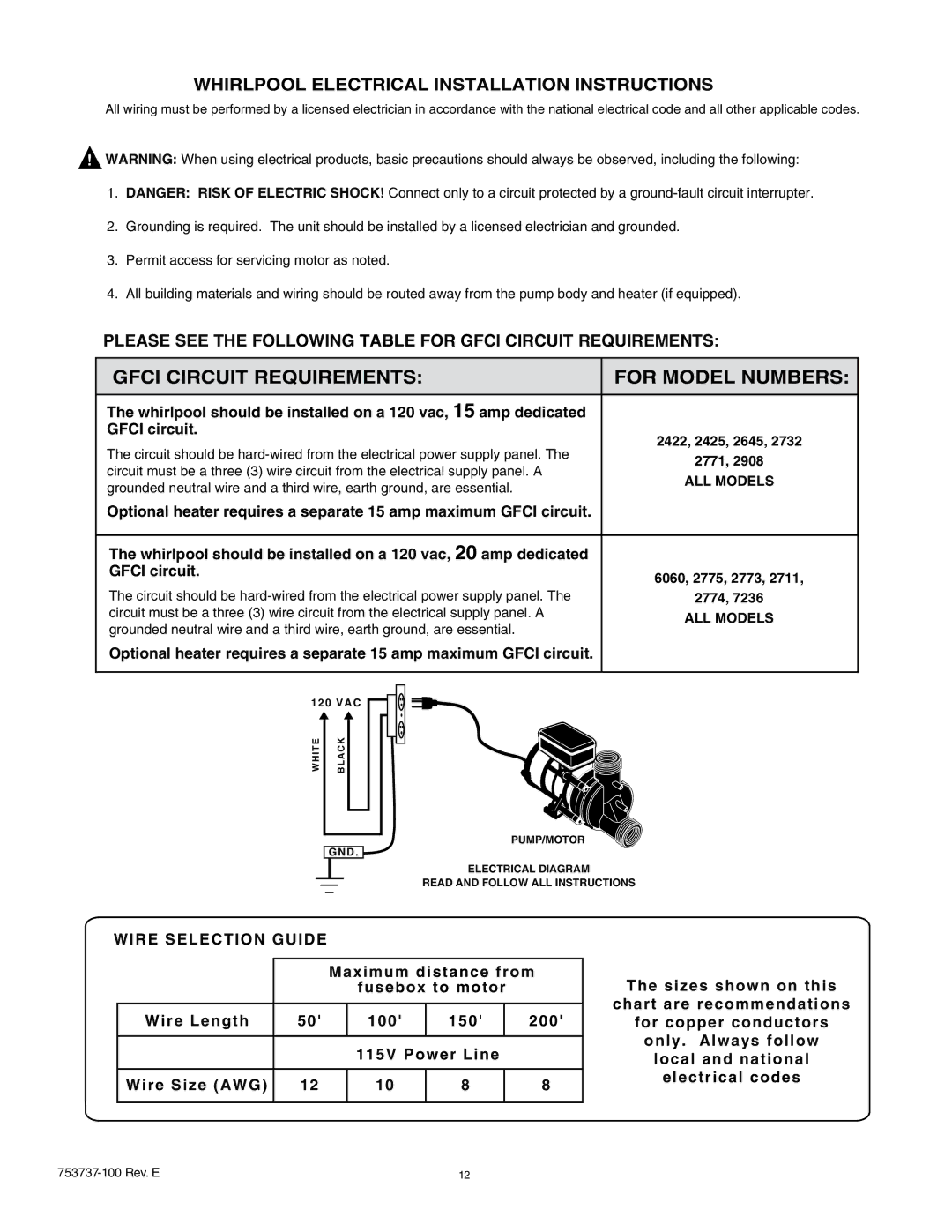 American Standard 2732L, 2645L / V, 2422L / V, 2774L Whirlpool Electrical Installation Instructions, Wire Selection Guide 