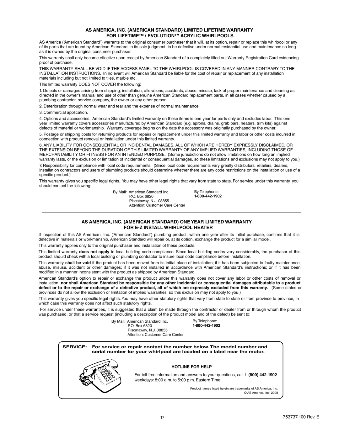 American Standard 2422L / V, 2645L / V, 2774L, 2908L, 2732L, 2425L / V, 7236L / V, 2771L / V manual Hotline for Help 