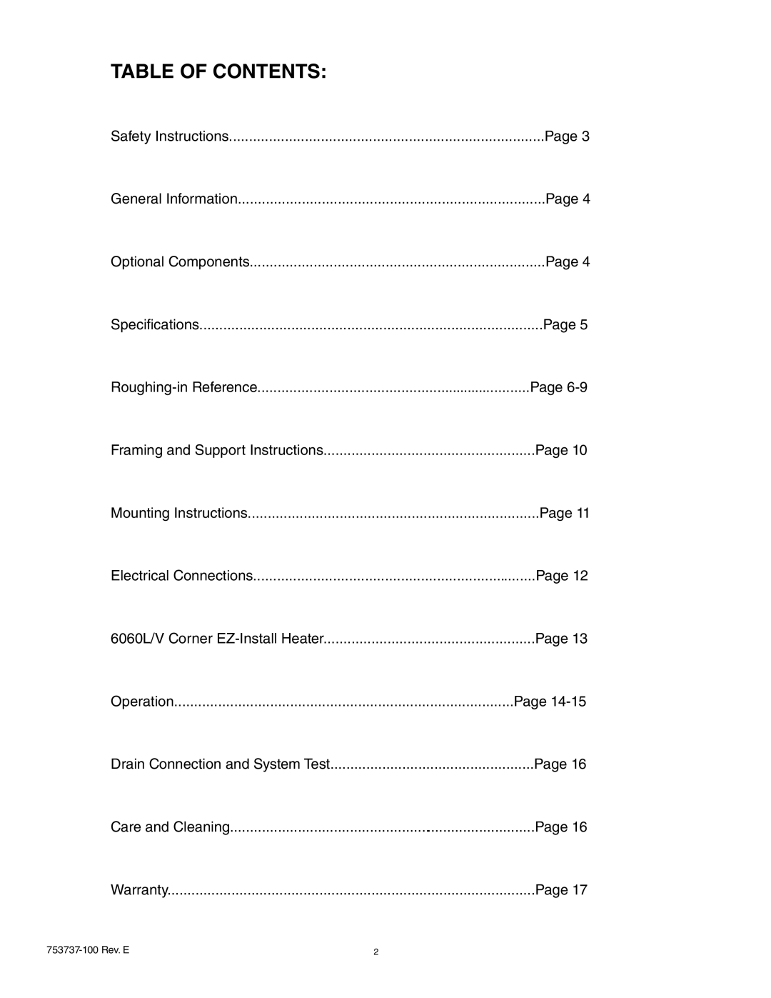 American Standard 2774L, 2645L / V, 2422L / V, 2908L, 2732L, 2425L / V, 7236L / V, 2771L / V manual Table of Contents 