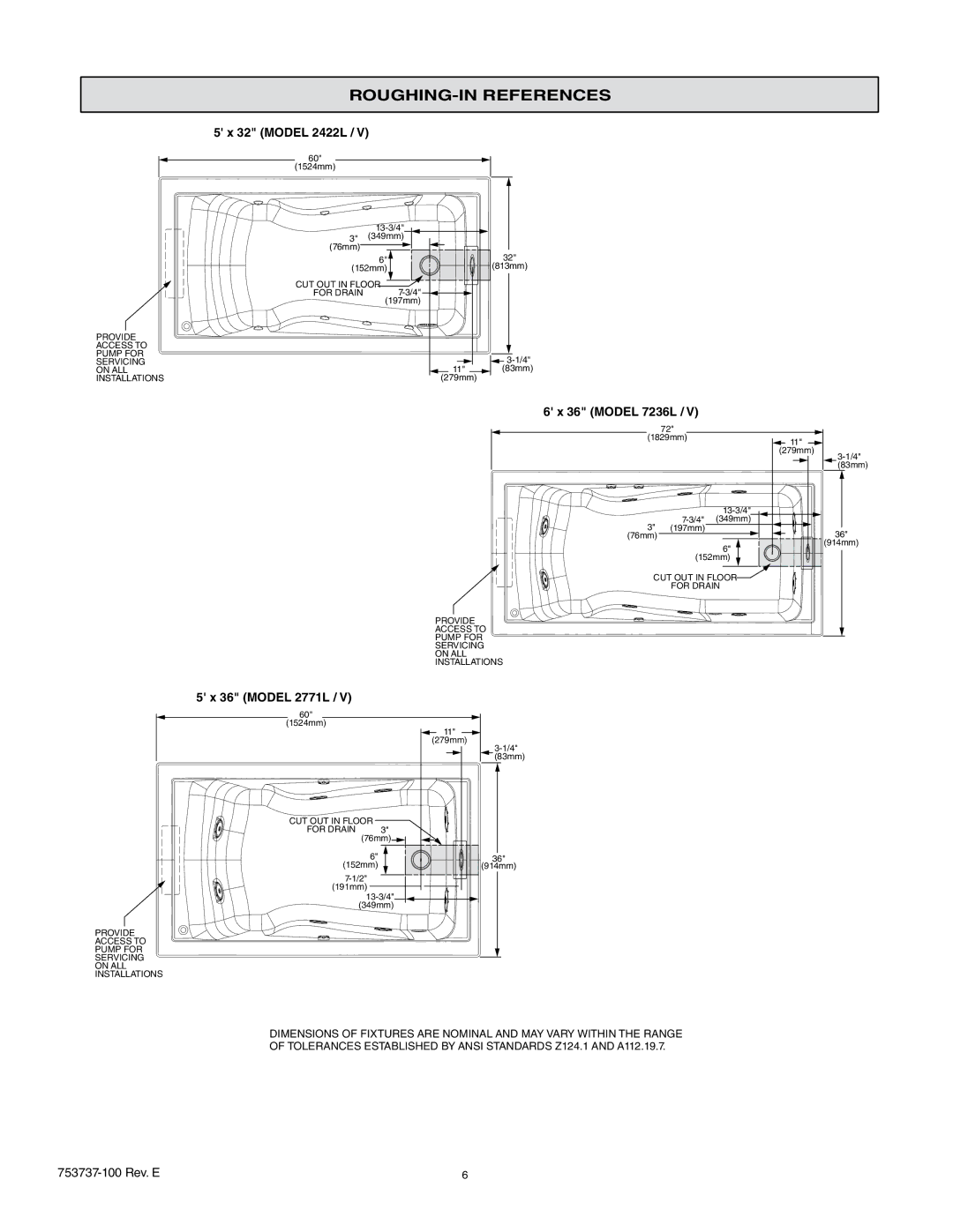 American Standard 7236L / V, 2645L / V, 2422L / V, 2774L, 2908L ROUGHING-IN References, Model 2422L, Model 7236L, Model 2771L 