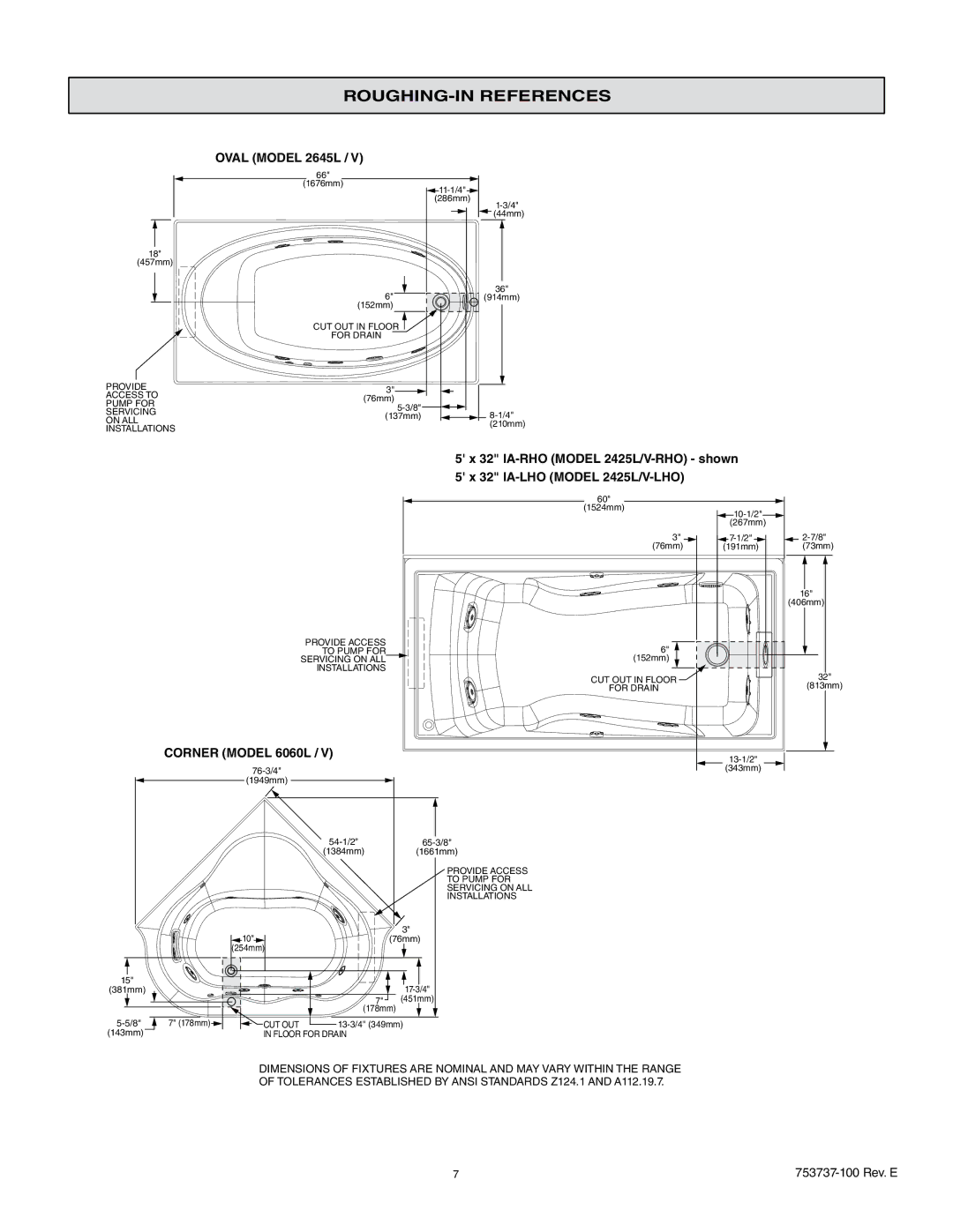 American Standard 2771L / V, 2645L / V, 2422L / V, 2774L, 2908L, 2732L, 2425L / V manual Oval Model 2645L, Corner Model 6060L 