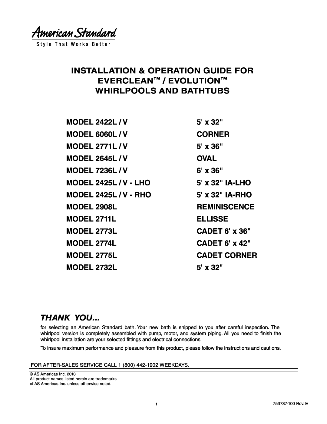 American Standard 2422L / V manual Installation & Operation Guide For Everclean / Evolution, Whirlpools And Bathtubs 