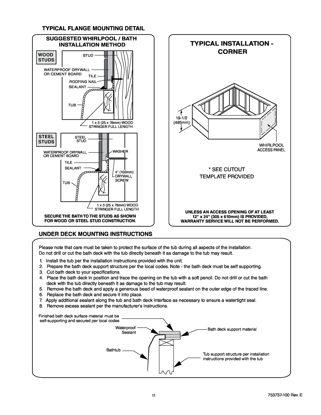 American Standard 2908L Typical Installation Corner, Typical Flange Mounting Detail, Under Deck Mounting Instructions 