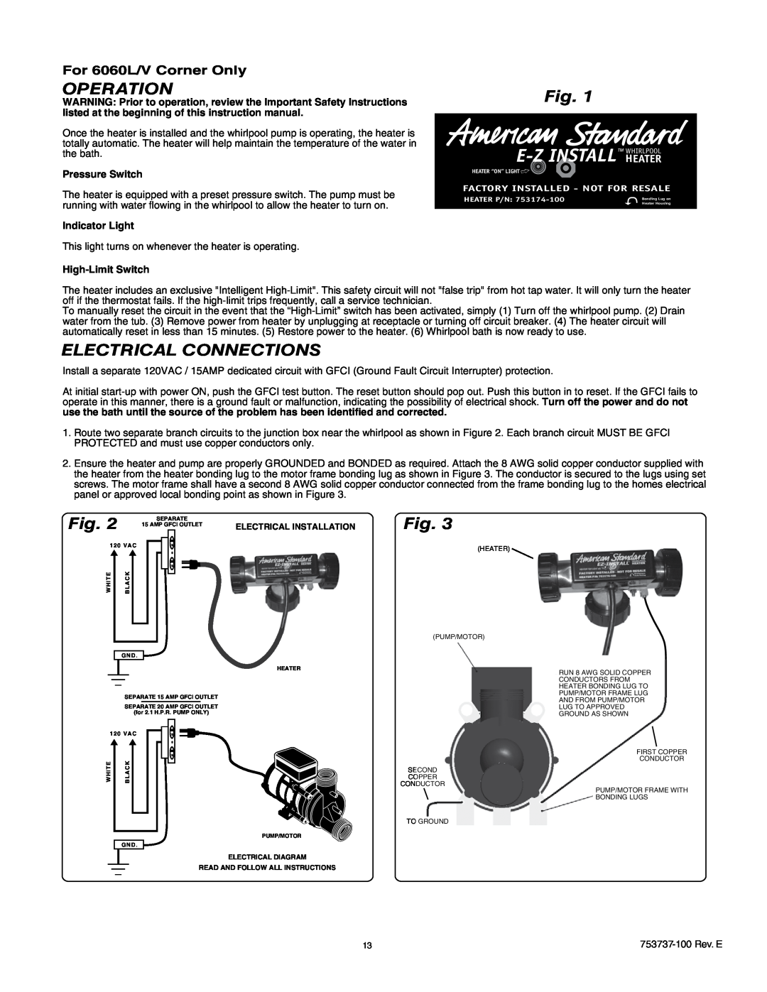 American Standard 2425L / V, 2645L / V E-Z Install, Operation, Electrical Connections, Pressure Switch, Indicator Light 