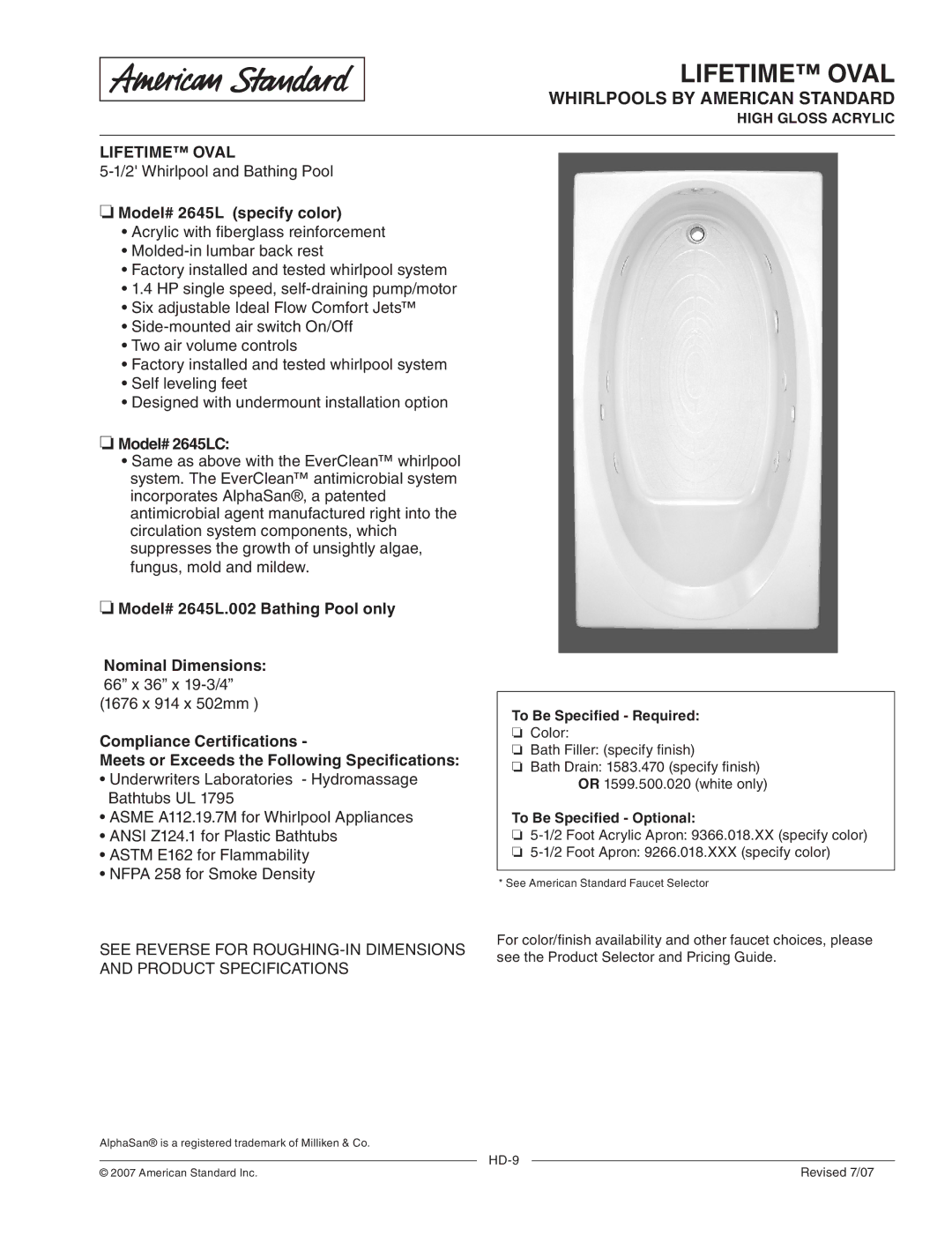 American Standard 2645LC, 2645L.002 dimensions Lifetime Oval, Whirlpools by American Standard 