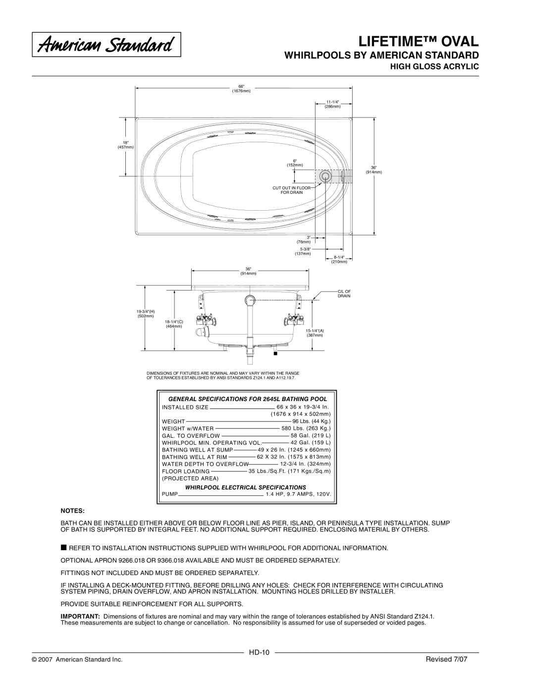 American Standard 2645L.002, 2645LC General Specifications for 2645L Bathing Pool, Whirlpool Electrical Specifications 