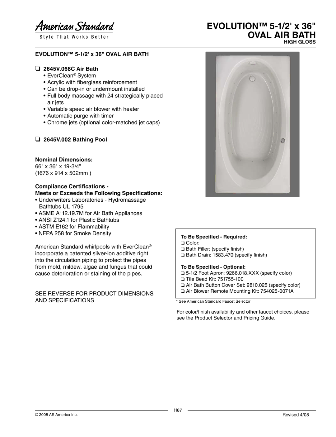 American Standard 2645V.002C dimensions Evolution 5-1/2 x 36 Oval AIR Bath 2645V.068C Air Bath 