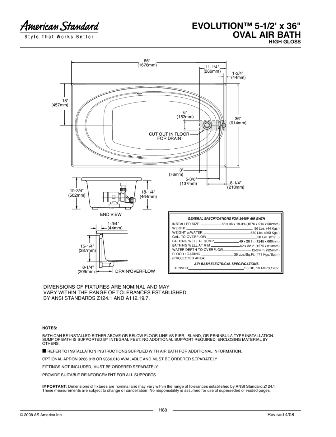 American Standard 2645V.002C dimensions CUT OUT in Floor For Drain, END View, Drain/Overflow 