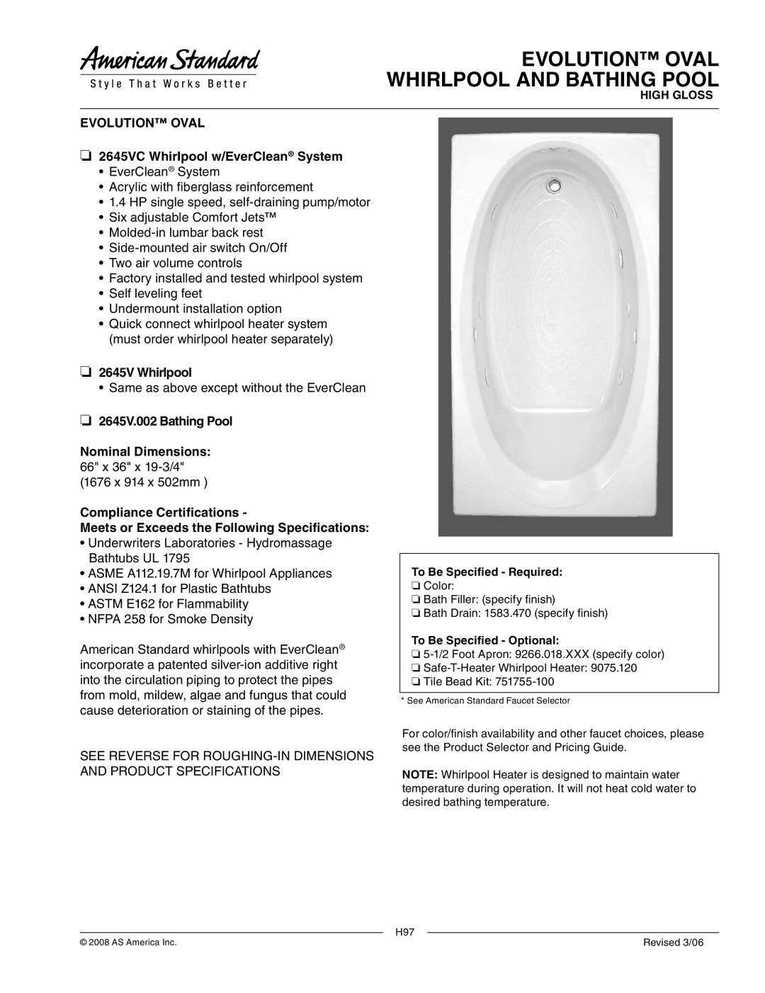 American Standard 2645V.002 dimensions Evolution Oval Whirlpool and Bathing Pool, 2645VC Whirlpool w/EverClean System 