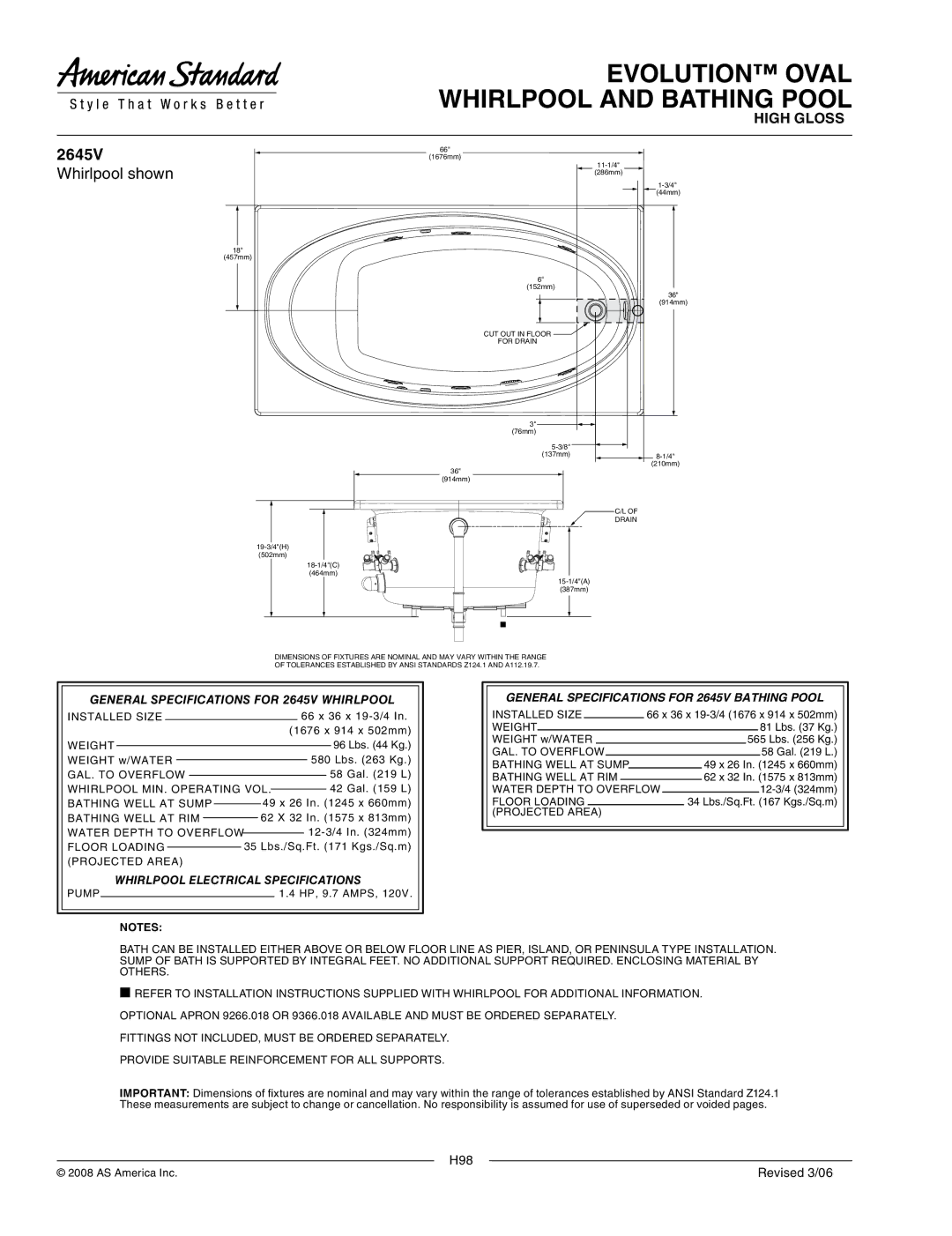 American Standard 2645VC Whirlpool shown, General Specifications for 2645V Whirlpool, Whirlpool Electrical Specifications 