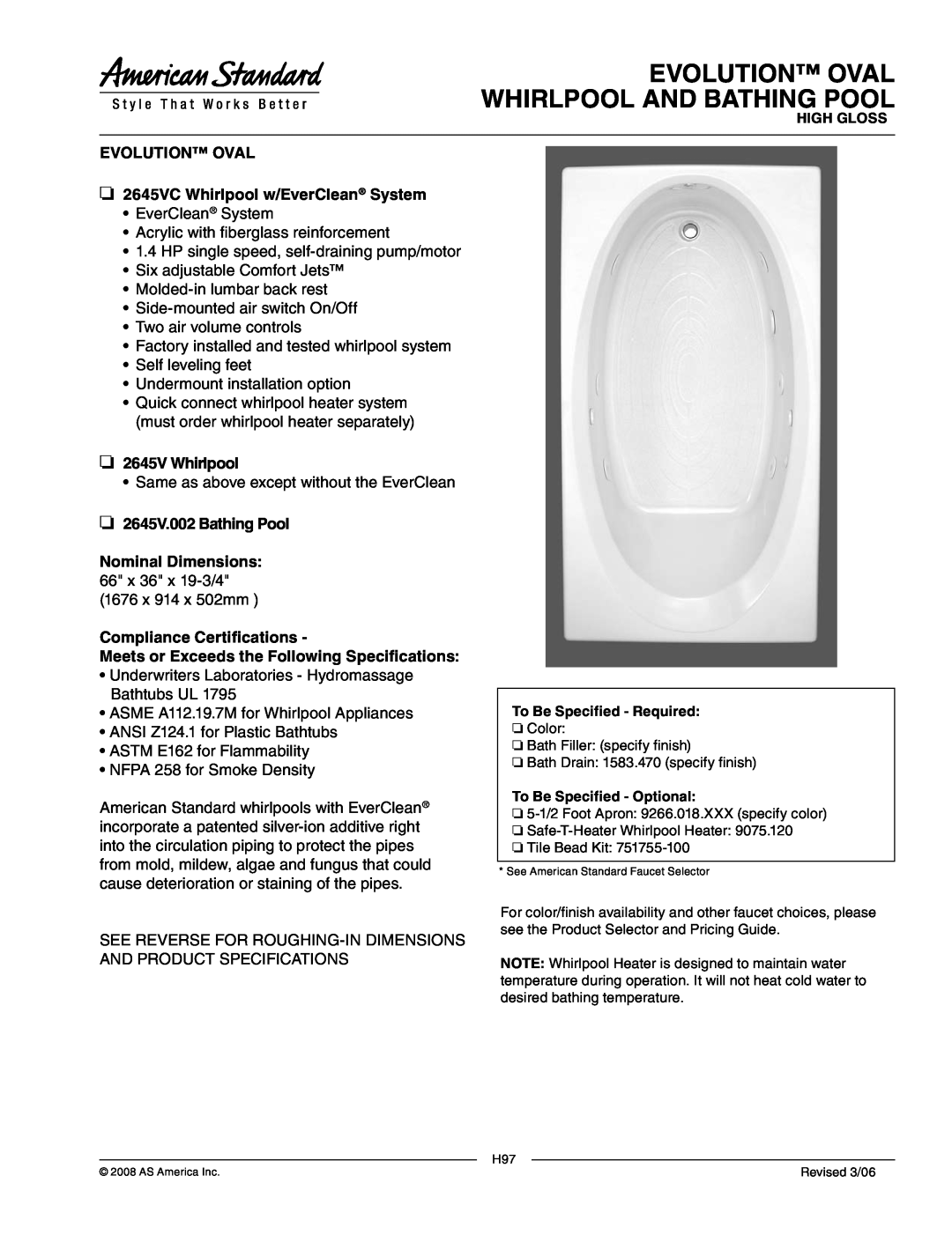 American Standard 2645V.002 dimensions Evolution Oval Whirlpool And Bathing Pool, 2645VC Whirlpool w/EverClean System 