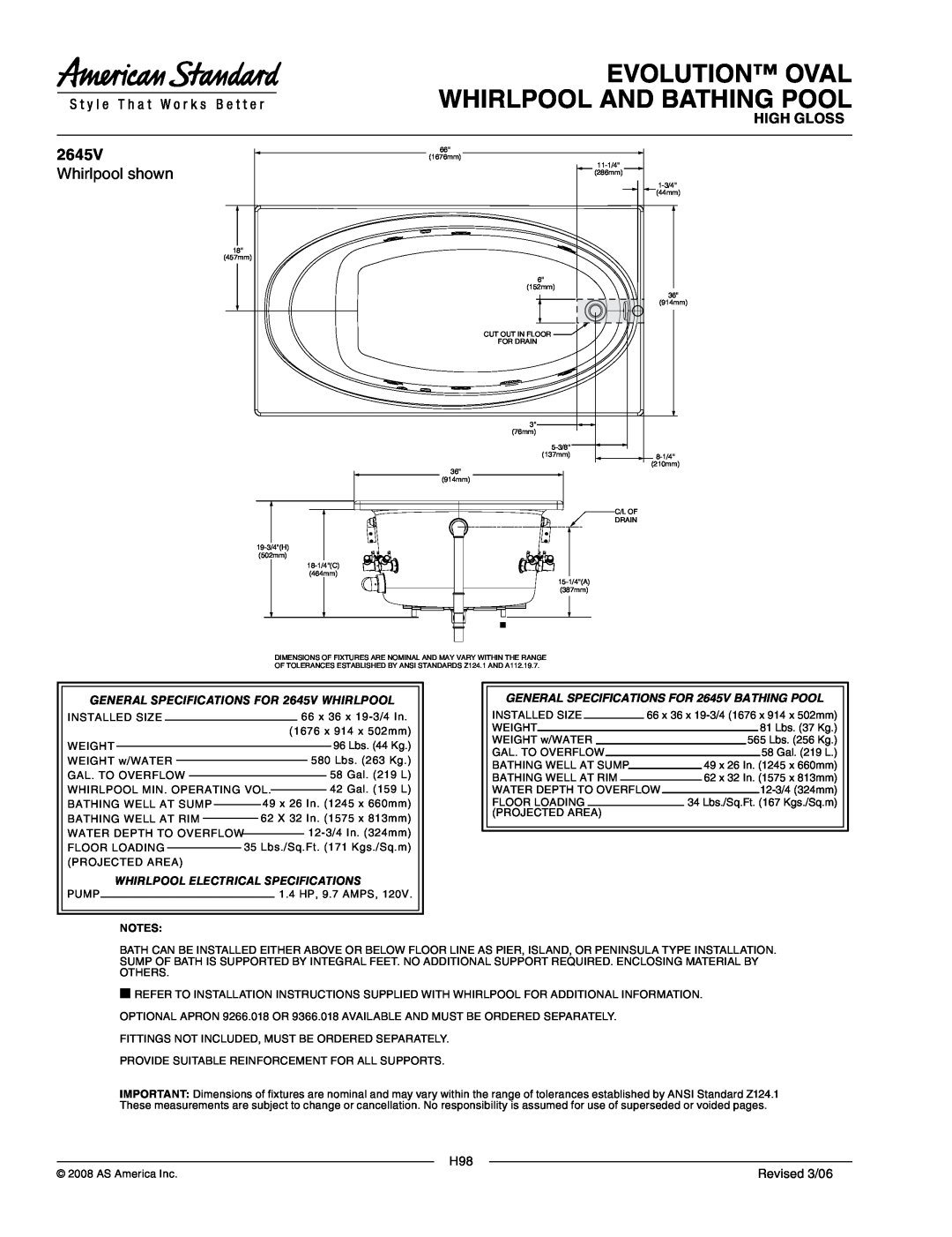 American Standard 2645VC, 2645V.002 dimensions Evolution Oval Whirlpool And Bathing Pool, High Gloss, Revised 3/06 