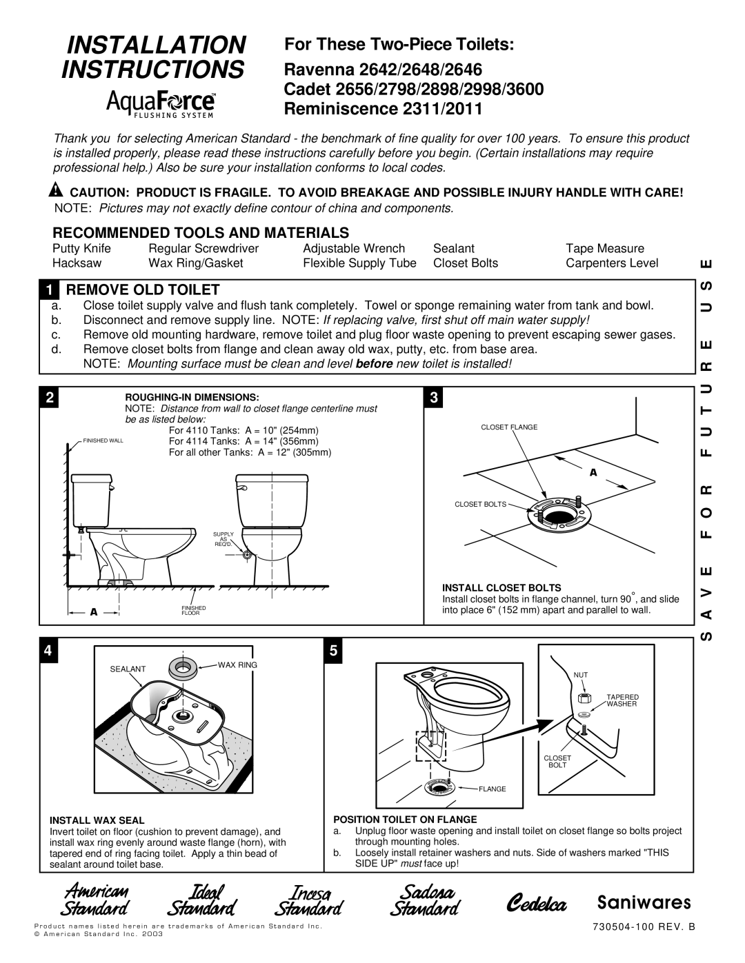 American Standard 3600 installation instructions Recommended Tools and Materials, Remove OLD Toilet, Install Closet Bolts 