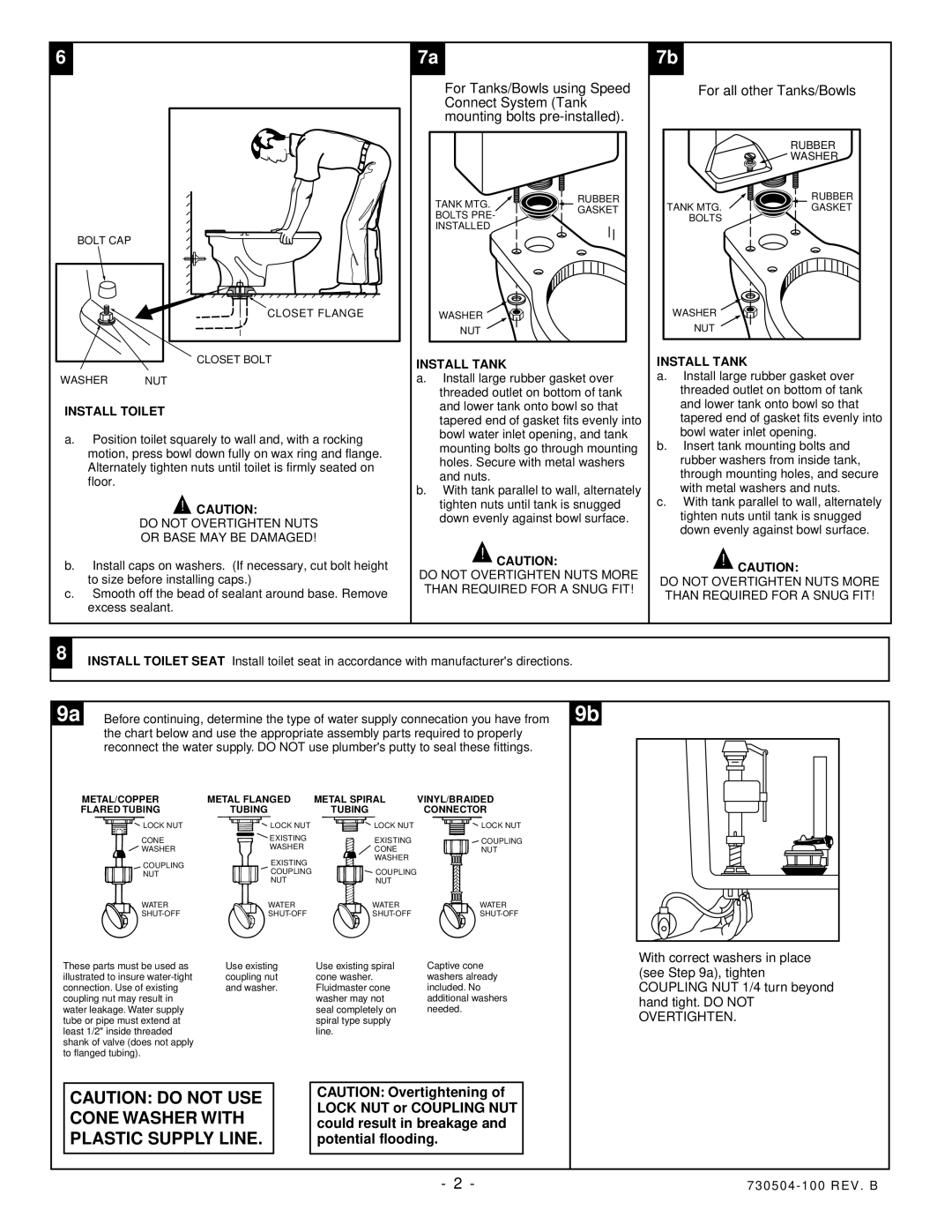 American Standard 656, 2646, 3600 Install Toilet, Do not Overtighten Nuts Or Base MAY be Damaged, Install Tank 