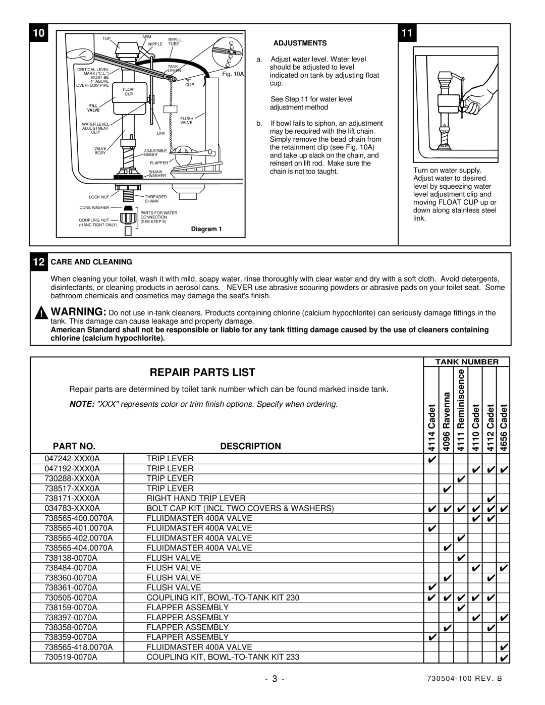 American Standard 2646, 3600, 656 installation instructions Repair Parts List, Adjustments, Care and Cleaning, Tank Number 