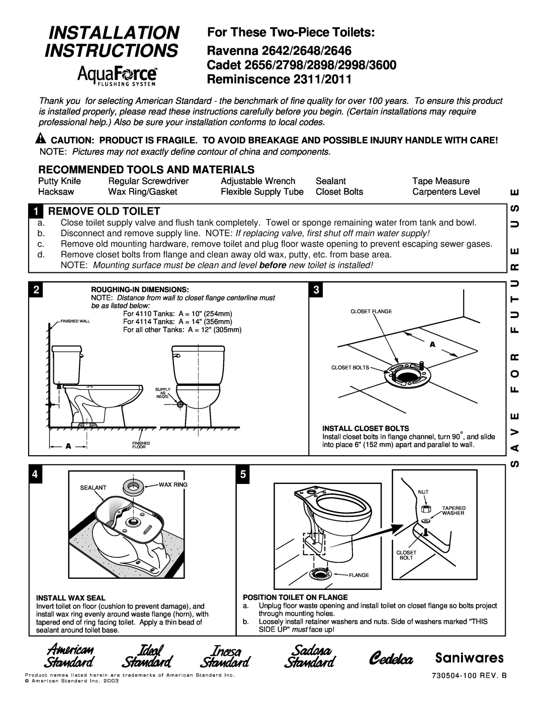 American Standard 3600, 2646 installation instructions Recommended Tools And Materials, 1REMOVE OLD TOILET, Installation 