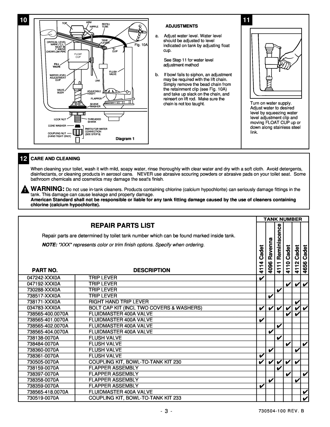 American Standard 2646, 3600, 656 installation instructions Repair Parts List, Description, Cadet, Ravenna, Reminiscence 