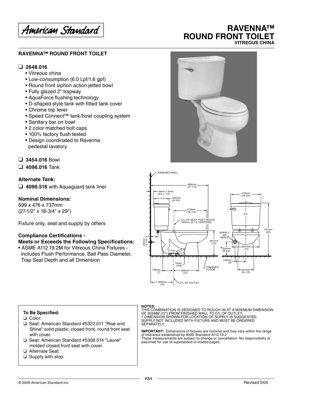 American Standard 4096.016, 2648.016 dimensions Ravenna Round Front Toilet 