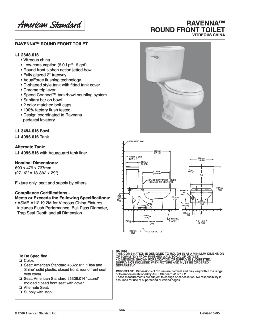 American Standard dimensions Ravenna Round Front Toilet, Bowl 4096.016 Tank, Alternate Tank, Nominal Dimensions 