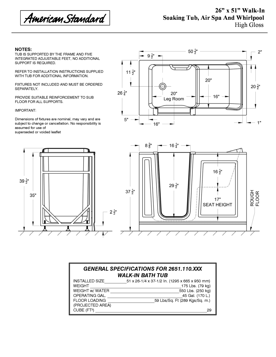 American Standard 2651.110.AXX, 2651.110.WXX dimensions 26” x 51” Walk-In, Soaking Tub, Air Spa And Whirlpool, High Gloss 