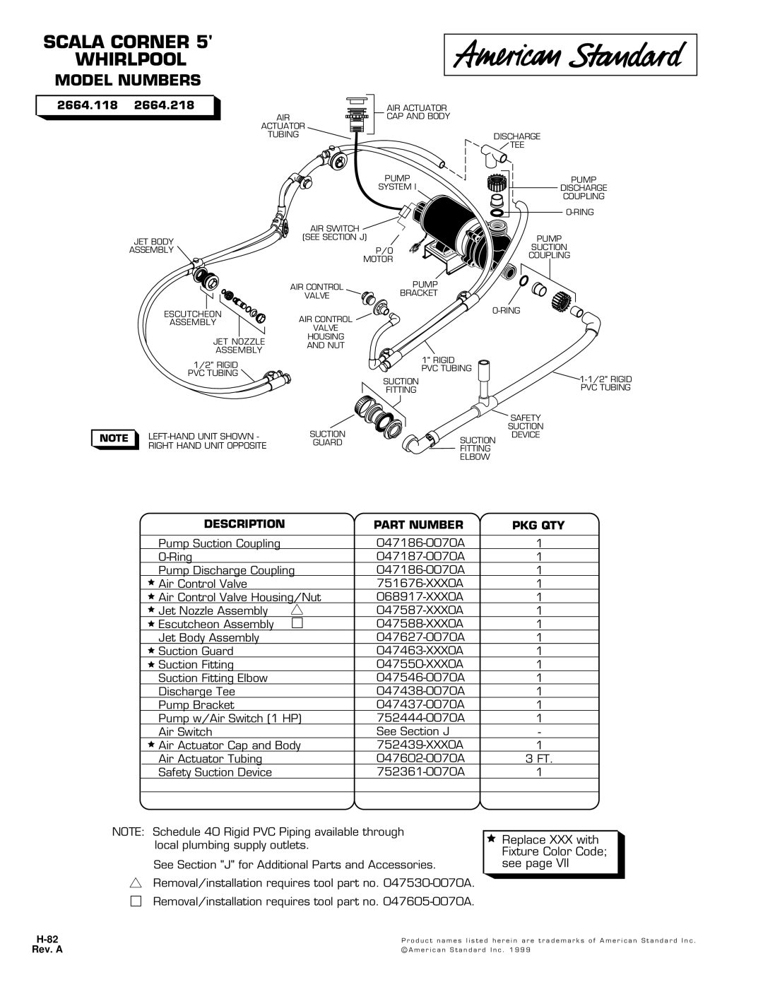 American Standard 2664.118 manual Description Part Number PKG QTY, Removal/installation requires tool part no -0070A 