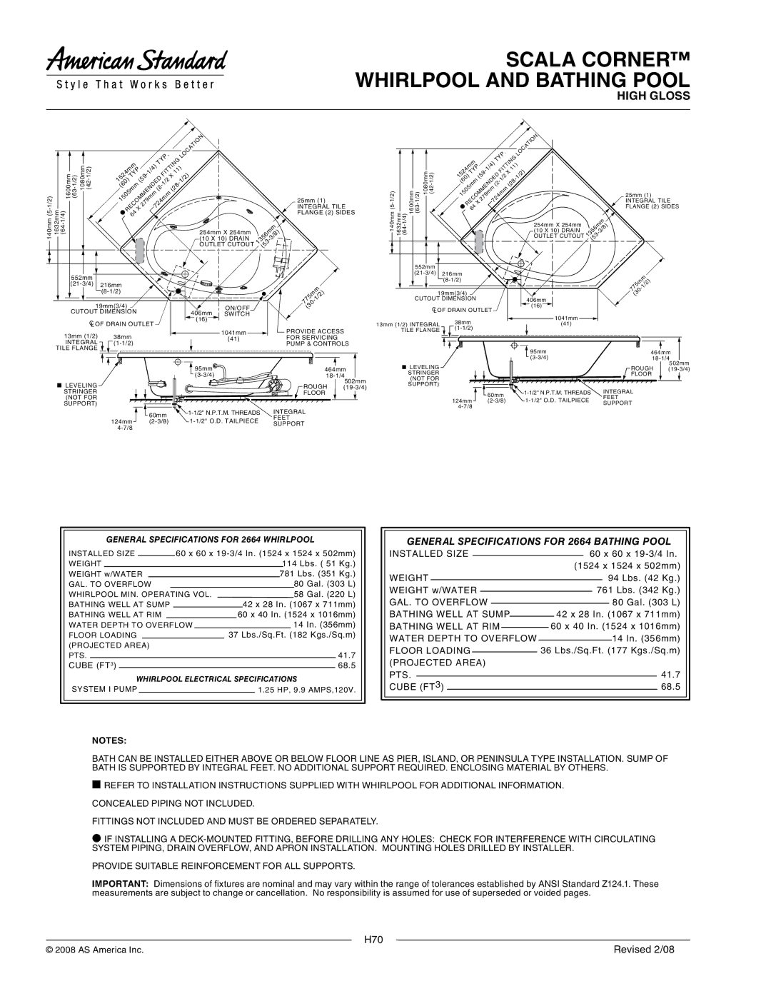 American Standard 2664.218C, 2664.118C dimensions H70 