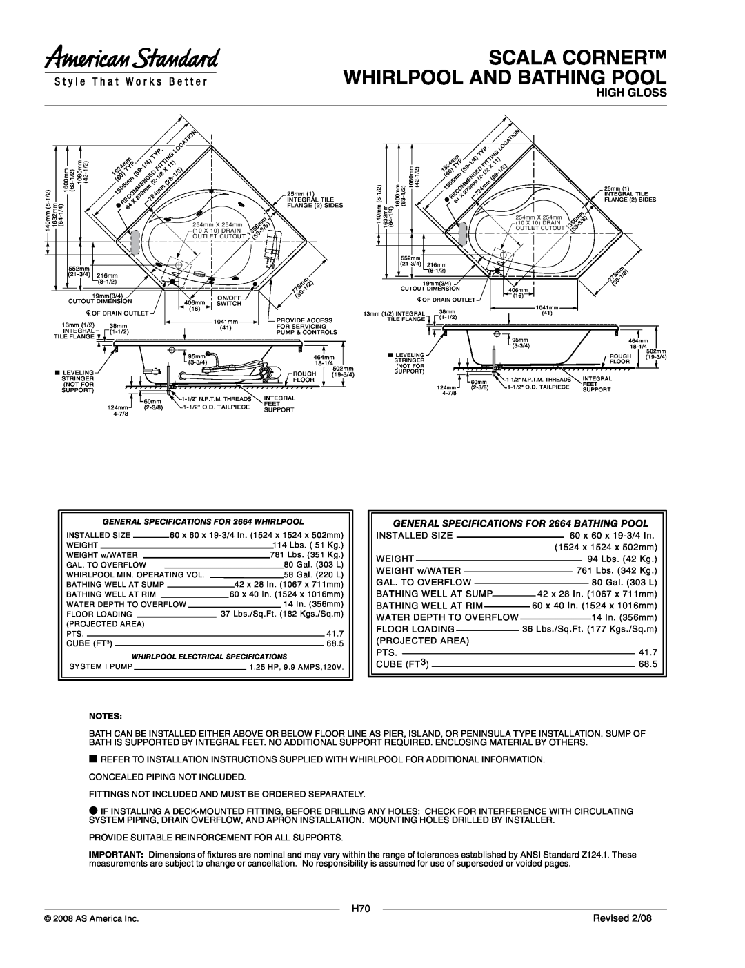 American Standard 2664.218C, 2664.118C dimensions Scala Corner Whirlpool And Bathing Pool, High Gloss, Revised 2/08 
