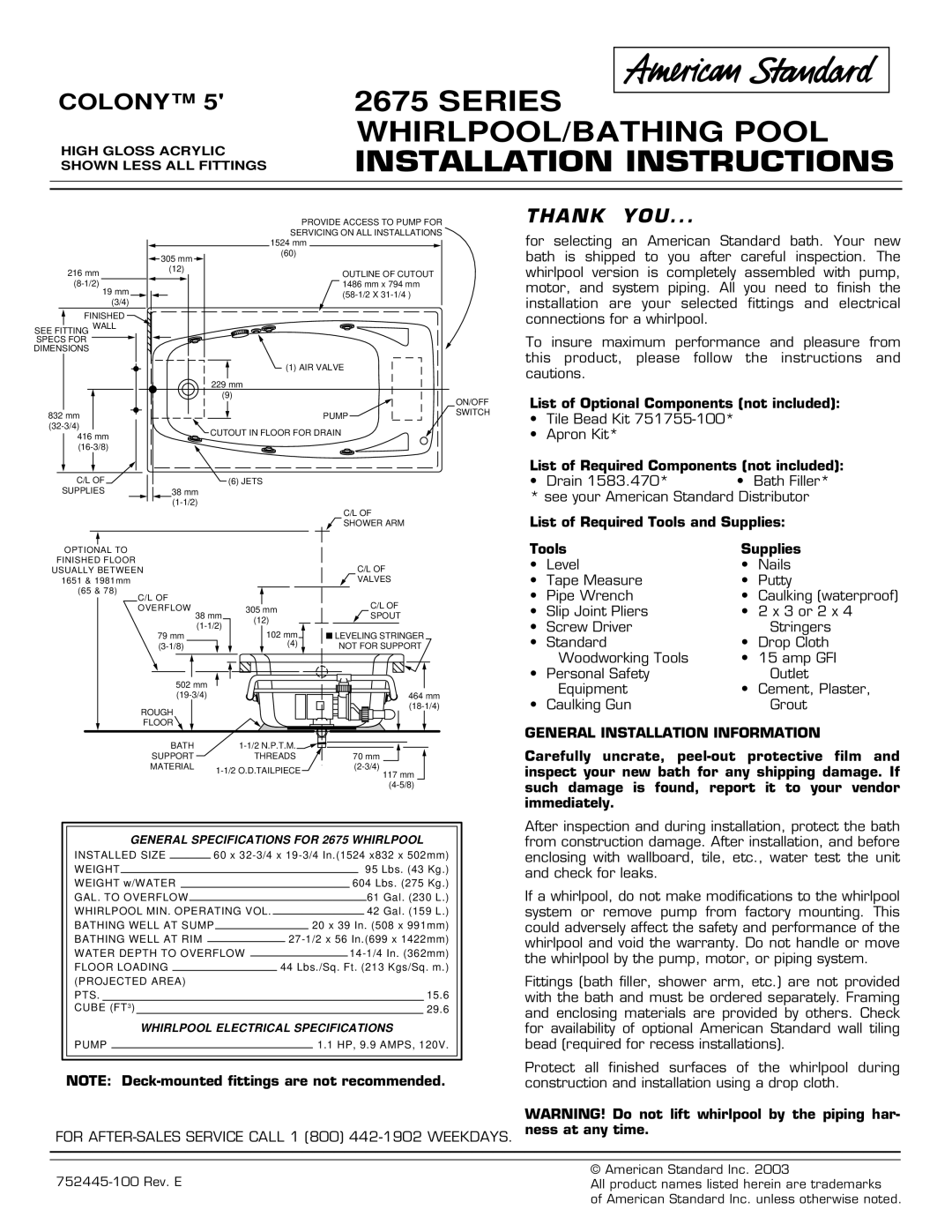 American Standard 2675 Series installation instructions Installation Instructions, General Installation Information 