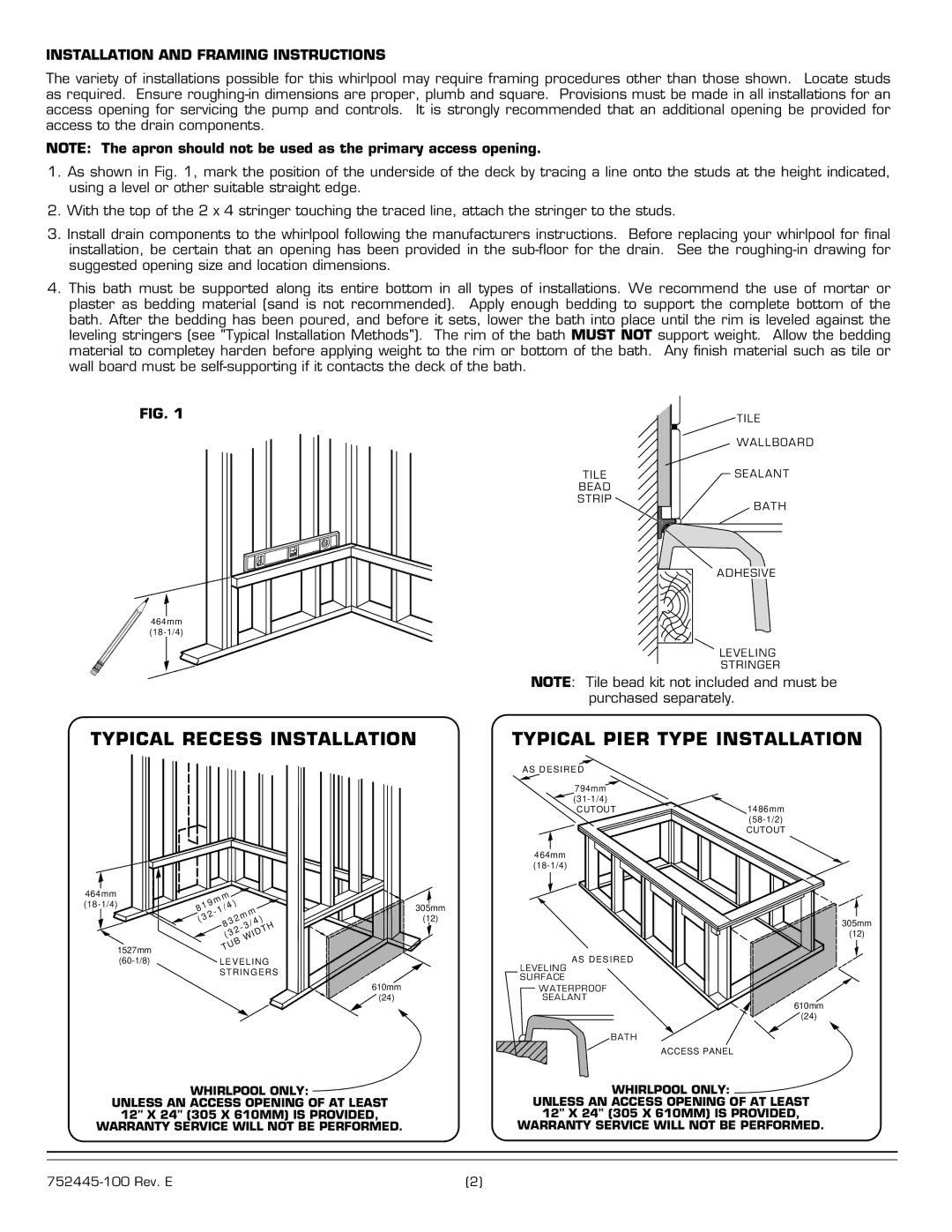 American Standard 2675 Series installation instructions Typical Recess Installation, Installation and Framing Instructions 