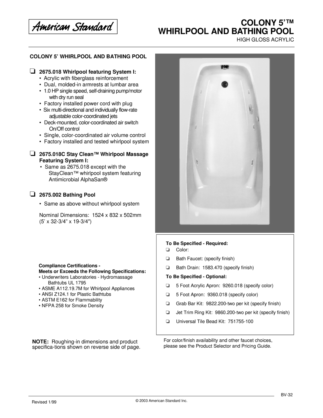 American Standard 2675.018C, 2675.002 dimensions Colony 5’ Whirlpool and Bathing Pool, Whirlpool featuring System 