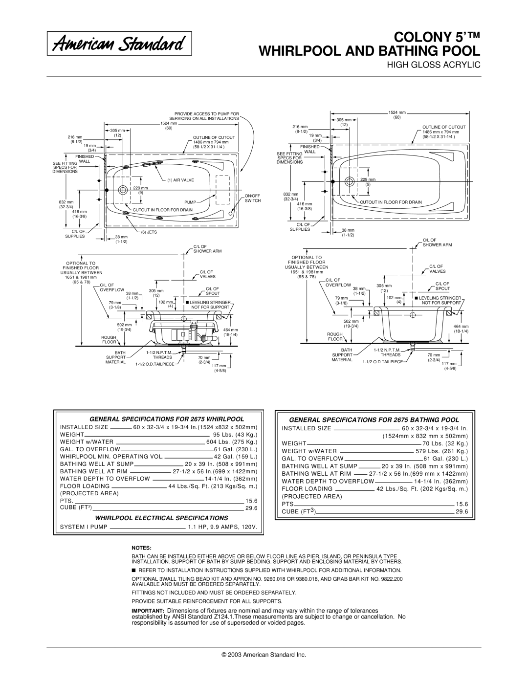 American Standard 2675.002 General Specifications for 2675 Bathing Pool, General Specifications for 2675 Whirlpool 