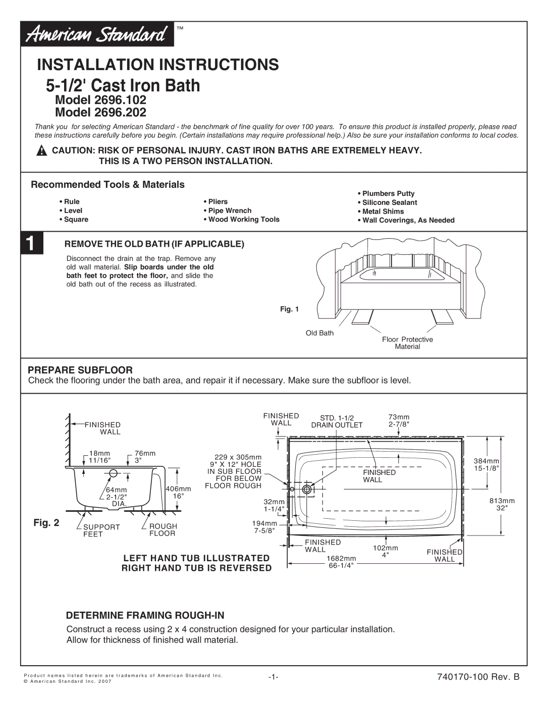 American Standard 2696.102, 2696.202 installation instructions Prepare Subfloor, Determine Framing ROUGH-IN 