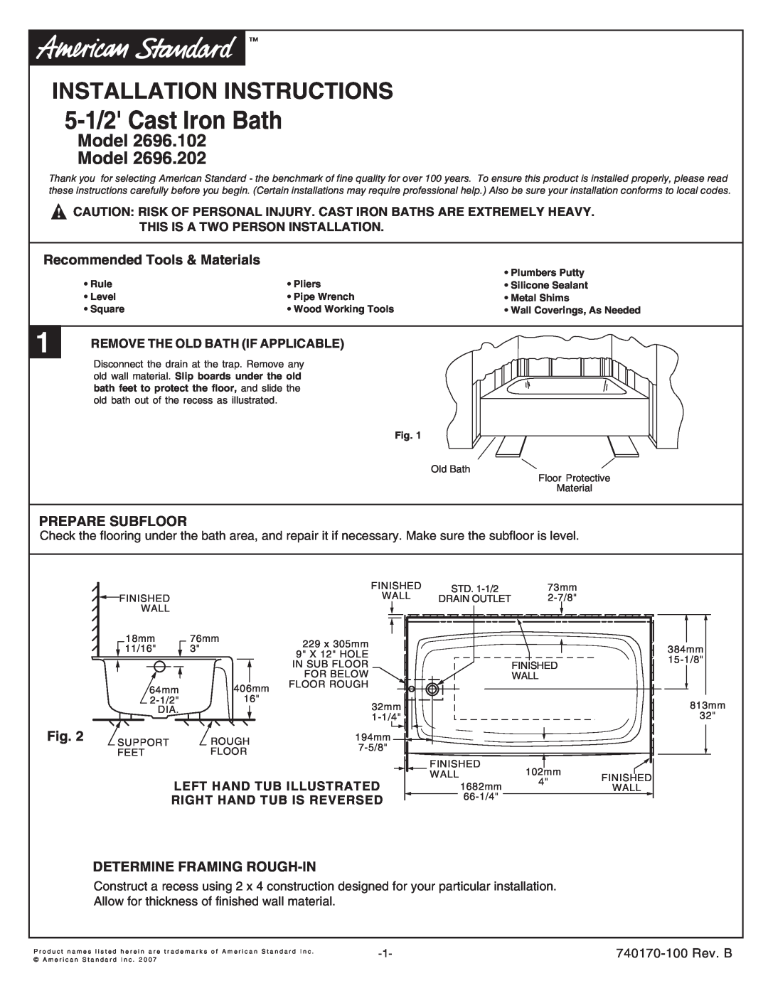 American Standard 2696.102 installation instructions 1-740170-100 Rev. B, 5-1/2 Cast Iron Bath, Installation Instructions 