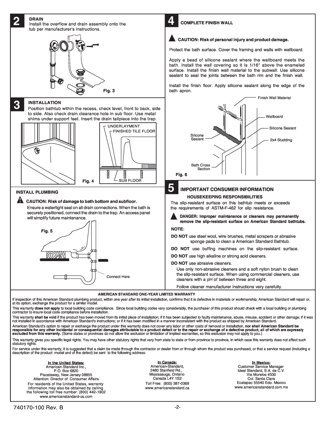 American Standard 2696.202, 2696.102 installation instructions 740170-100 Rev. B, Important Consumer Information 