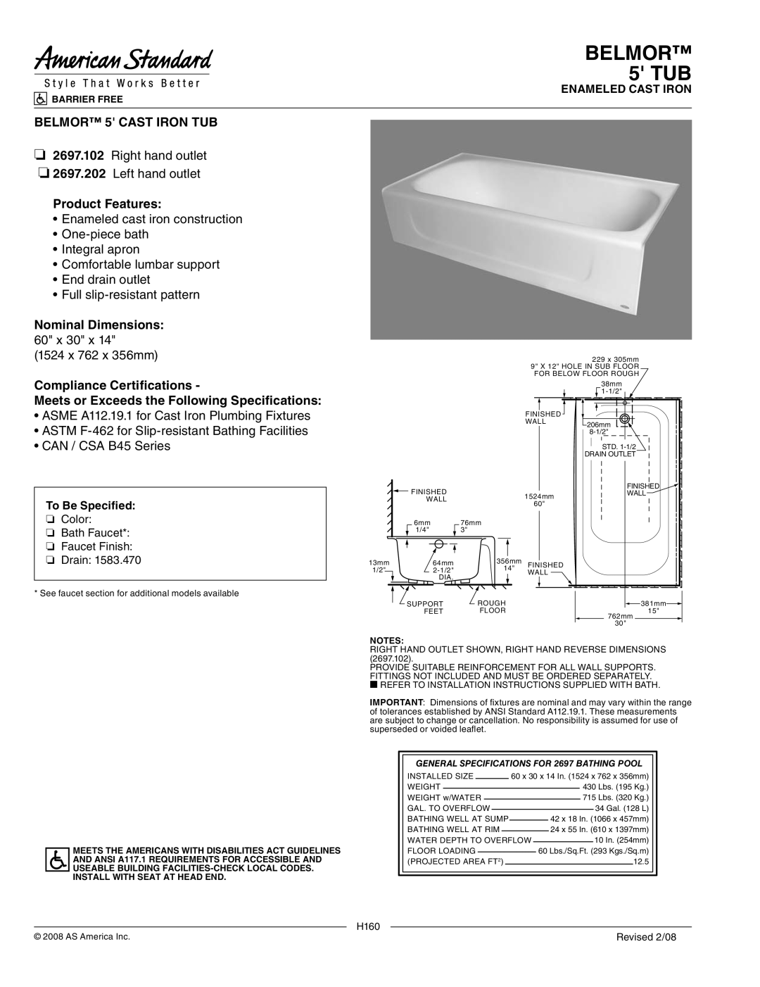 American Standard 2697.102 specifications Belmor 5 TUB, Belmor 5 Cast Iron TUB, Product Features, Nominal Dimensions 