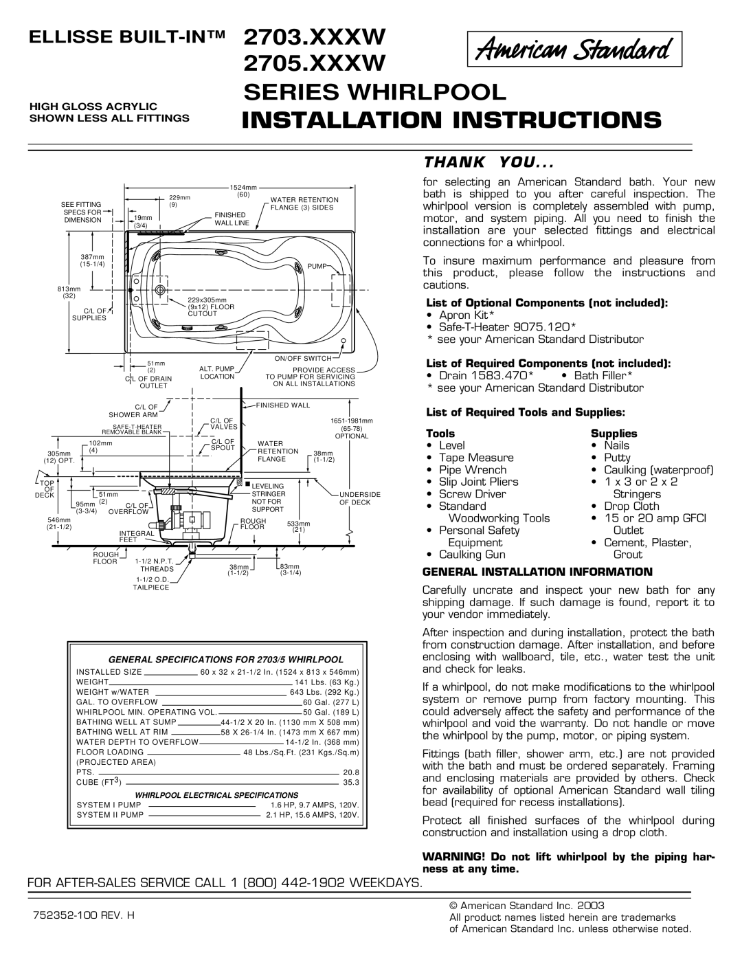 American Standard 2703.XXXW Series installation instructions Installation Instructions, General Installation Information 