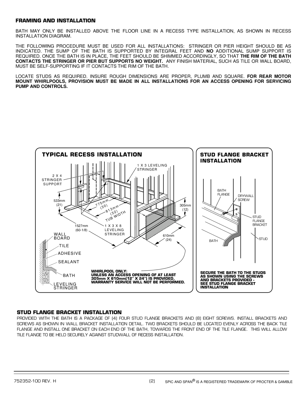 American Standard 2703.XXXW Series installation instructions Framing and Installation, Stud Flange Bracket Installation 