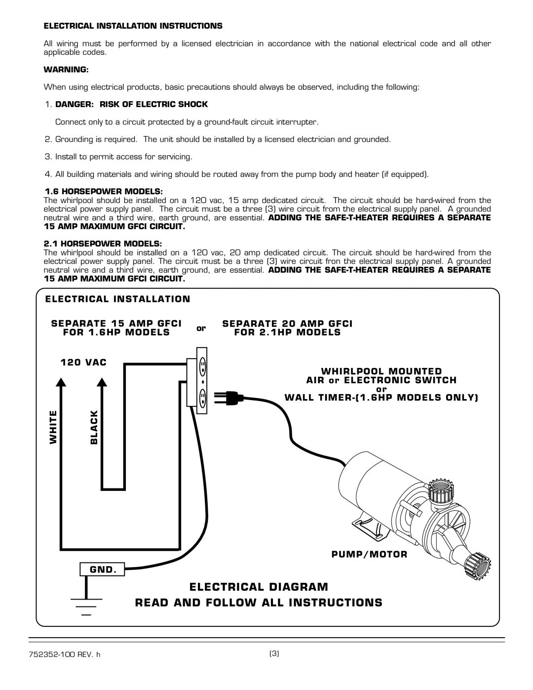 American Standard 2703.XXXW Series Whirlpool Mounted, Wall TIMER-1.6HP Models only, White Black PUMP/MOTOR GND 