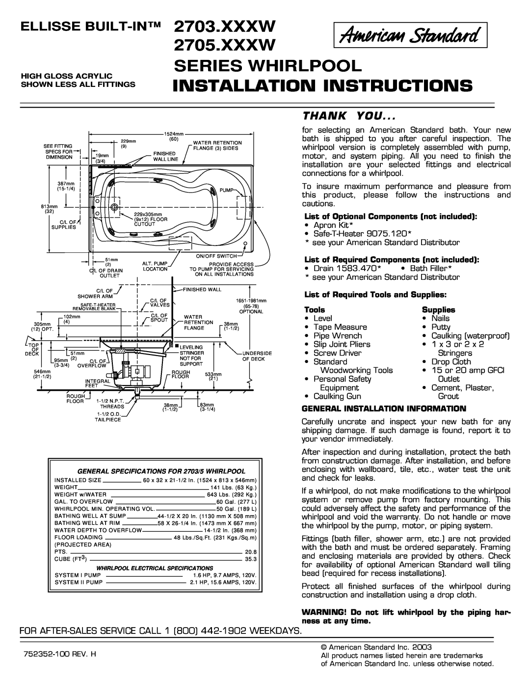 American Standard 2703.XXXW Series installation instructions Xxxw Series Whirlpool, Installation Instructions, Thank You 
