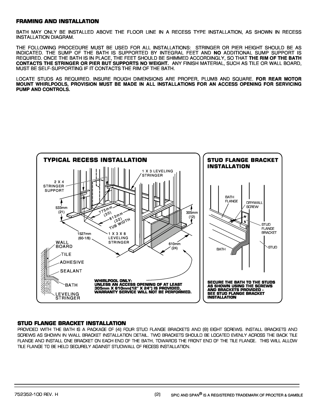 American Standard 2703.XXXW Series Typical Recess Installation, Framing And Installation, Stud Flange Bracket Installation 