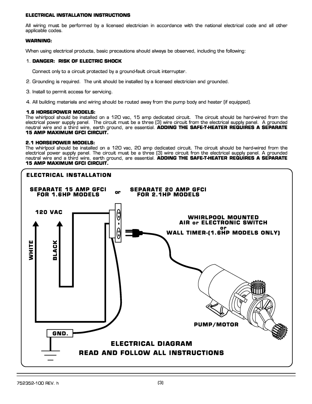 American Standard 2703.XXXW Series installation instructions Electrical Diagram, Read And Follow All Instructions 